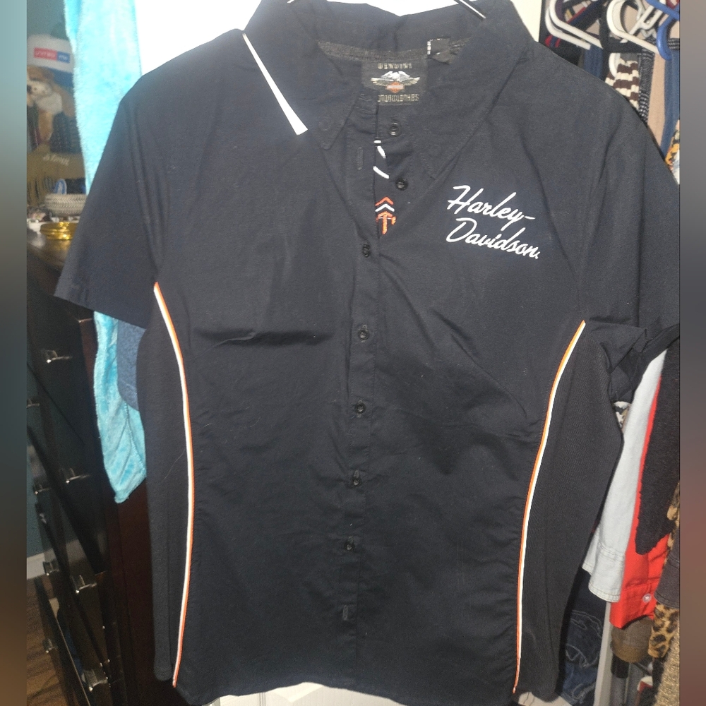 Harley-Davidson Black and Orange Women's Casual Shirt - XL